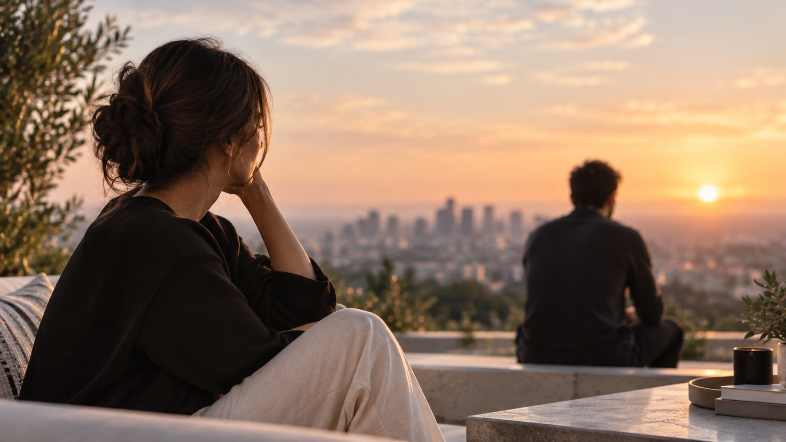 Couple sitting apart at sunset representing an emotionally unavailable person in a relationship