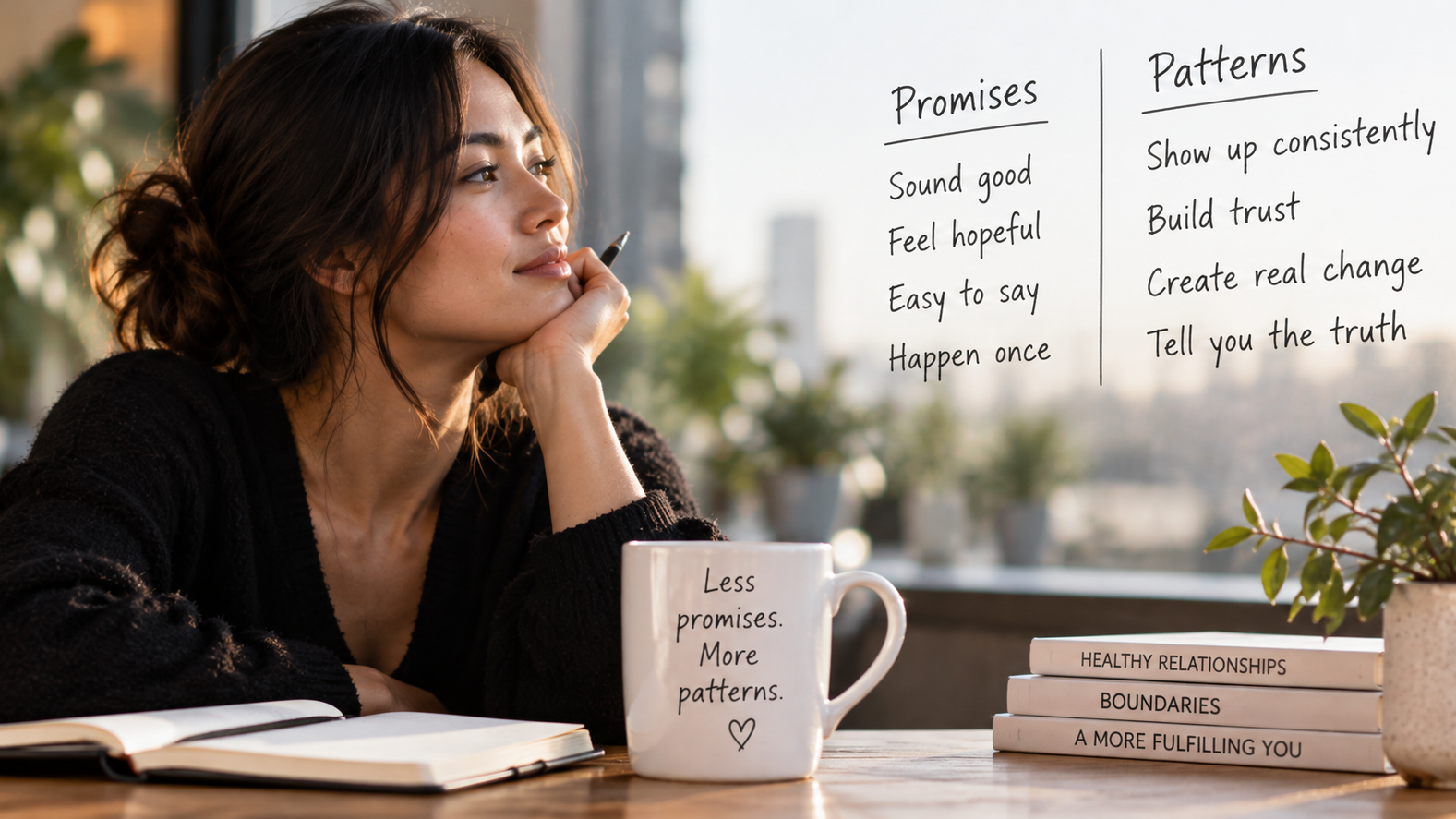 Woman reflecting on consistency in dating and the difference between patterns and promises